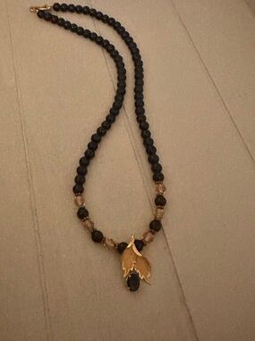 Vintage Black Beaded Necklace with Gold Leaf Pendant